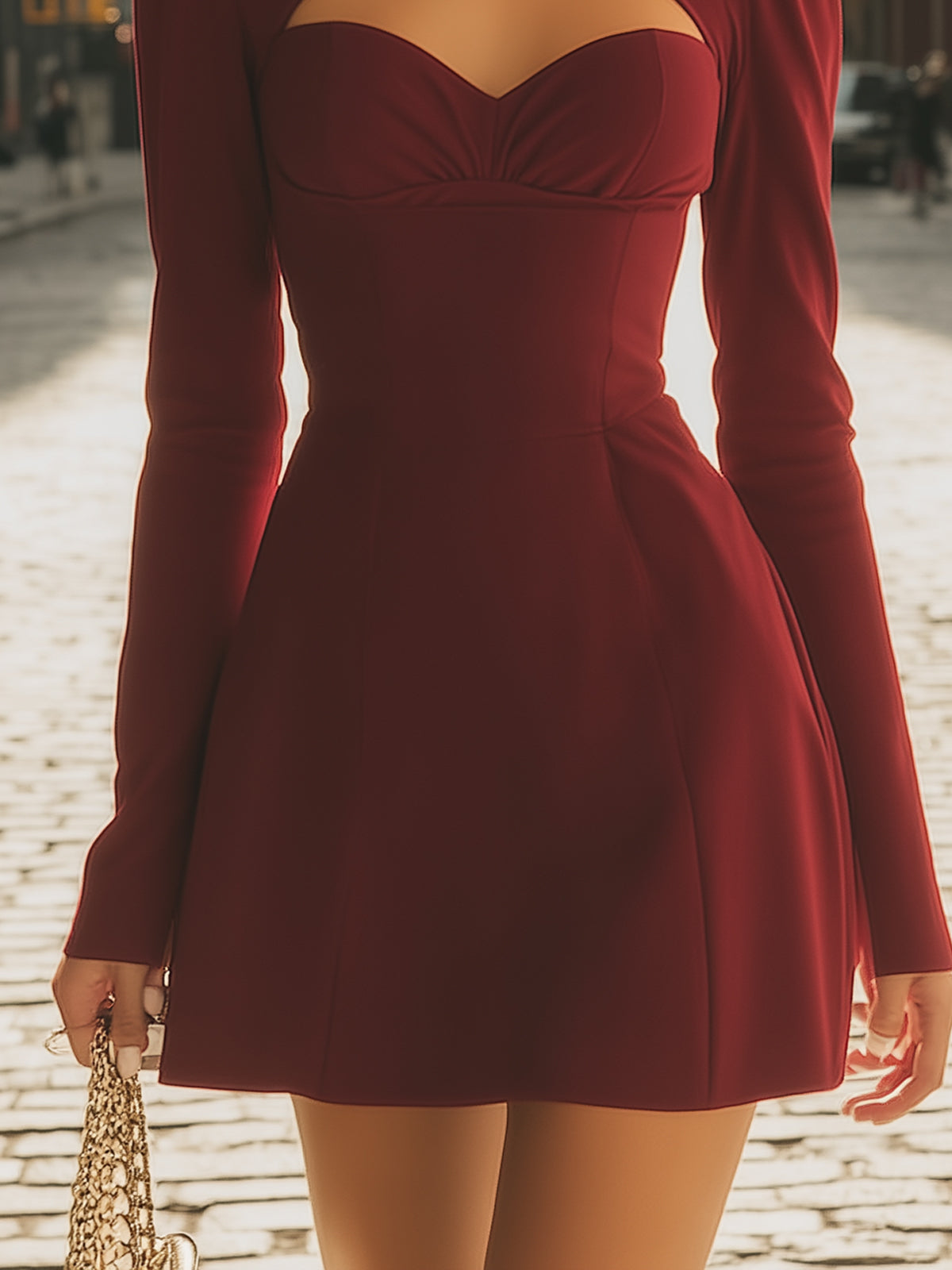 Burgundy High Neck Mini Dress with Cutout Detail