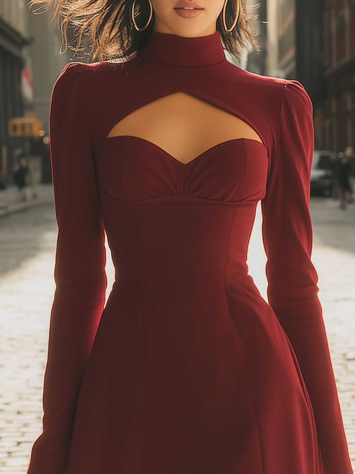 Burgundy High Neck Mini Dress with Cutout Detail