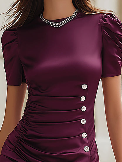 Ruched Satin Mini Dress with Side Button Detail and Puff Sleeves