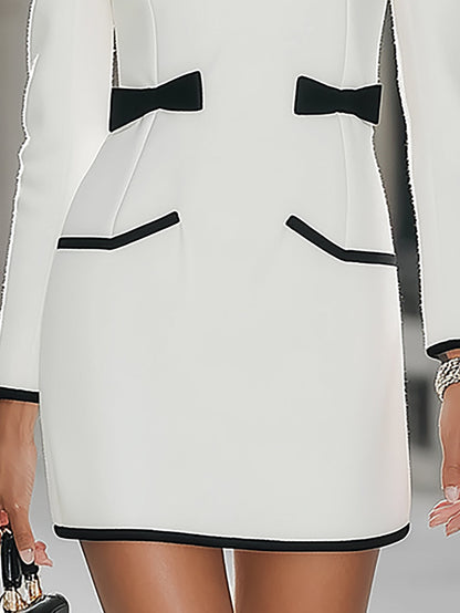 White Bodycon Mini Dress with Black Trim - Long Sleeve