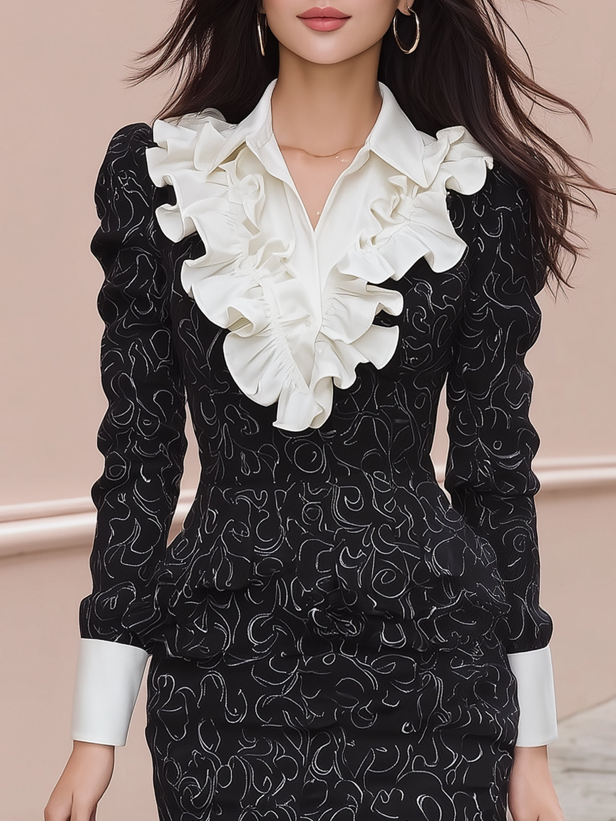 Black and White Mini Dress with Ruffle Collar - Long Sleeve