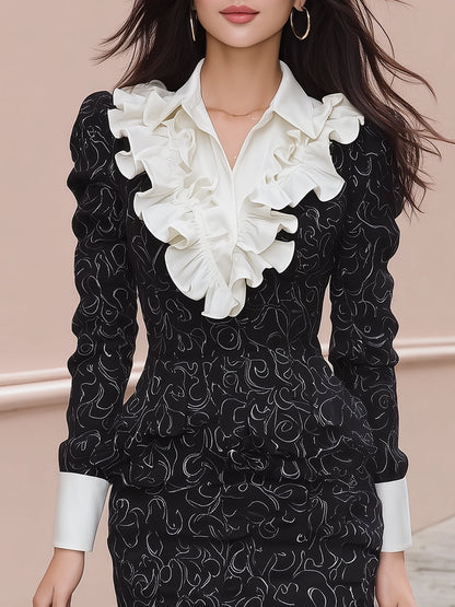 Black and White Mini Dress with Ruffle Collar - Long Sleeve