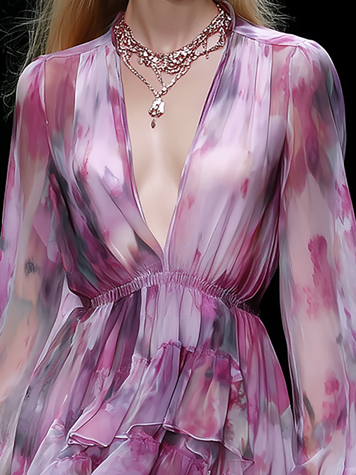 Pink & Purple Chiffon Mini Dress V-Neck Layered Hem