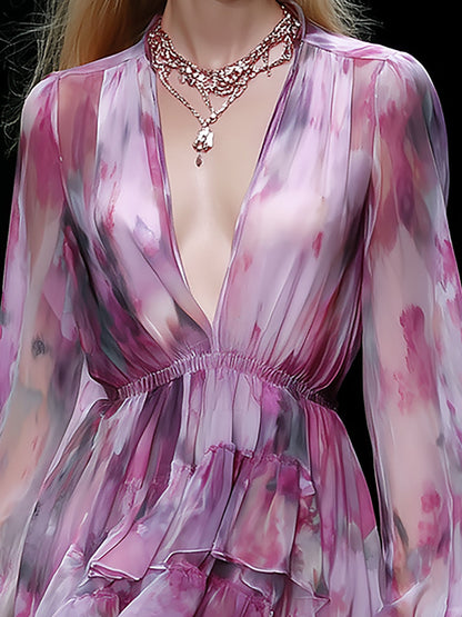 Pink & Purple Chiffon Mini Dress V-Neck Layered Hem