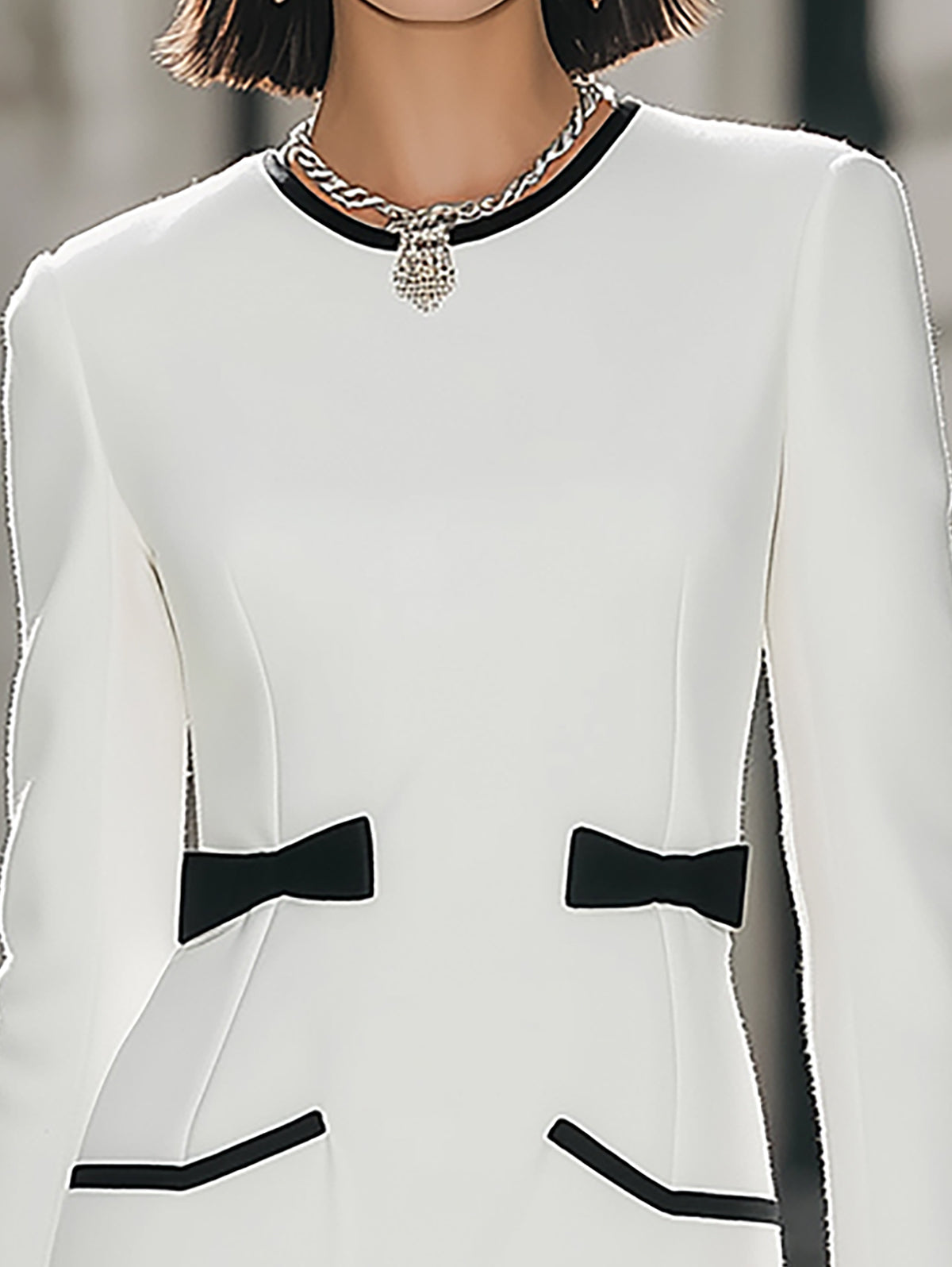 White Bodycon Mini Dress with Black Trim - Long Sleeve
