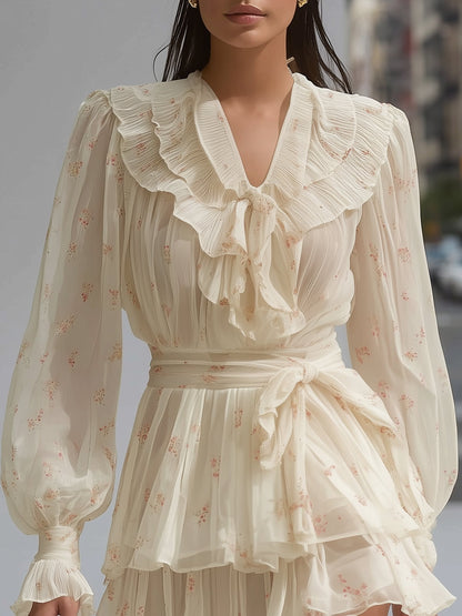 Cream Floral Mini Dress with Ruffle Collar - Long Sleeve Tiered Hem