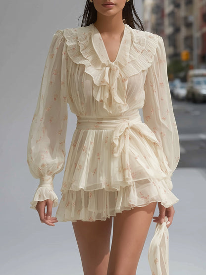 Cream Floral Mini Dress with Ruffle Collar - Long Sleeve Tiered Hem