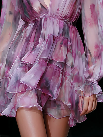 Pink & Purple Chiffon Mini Dress V-Neck Layered Hem