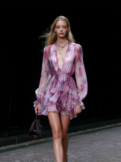 Pink & Purple Chiffon Mini Dress V-Neck Layered Hem